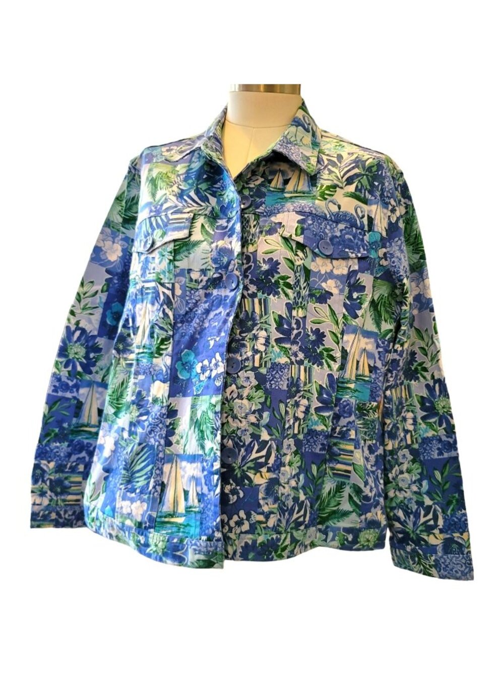 Floral Sailboat Hawaiian Denim Jacket Drapers and Damons Blue Woman's 2X JJ3482